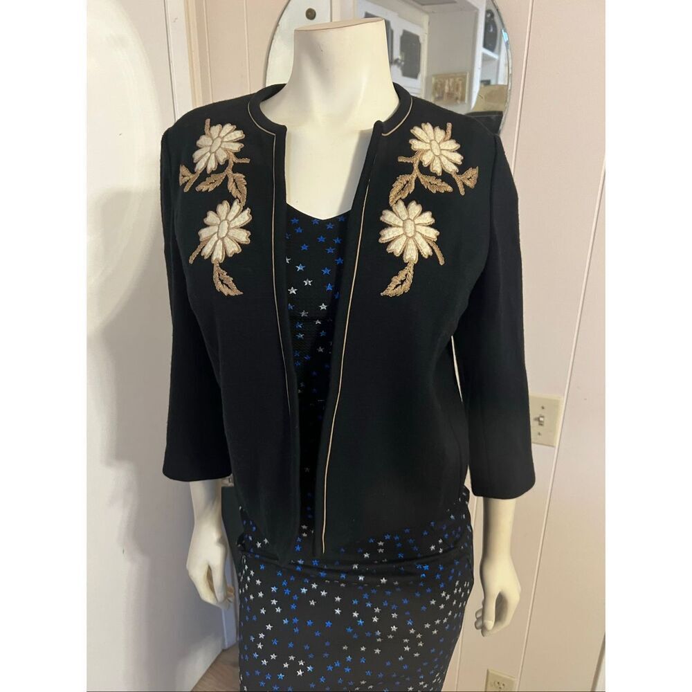 Vintage 1970s Susan Thomas Knitwear 100% Wool Embellished Open Front Black Sweat